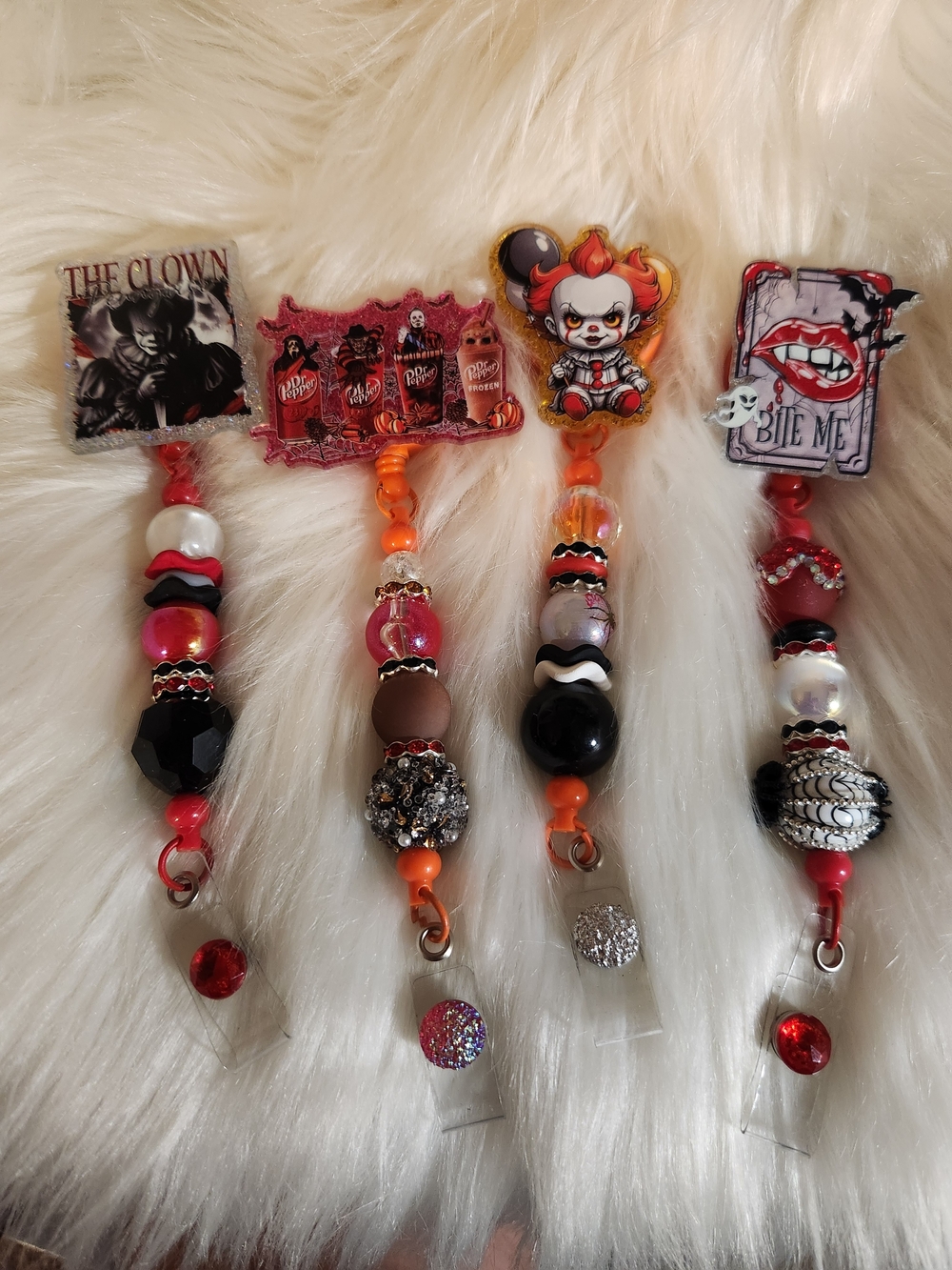Halloween Beaded Badge Reels With Charms - Red, Black, Orange, White